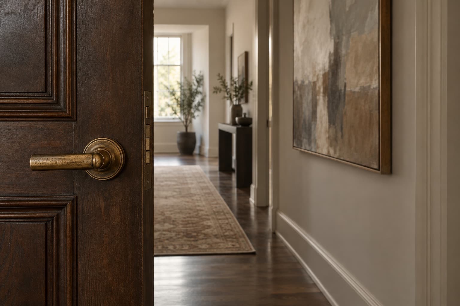 Advisory office doorway with a painting visible down the hall