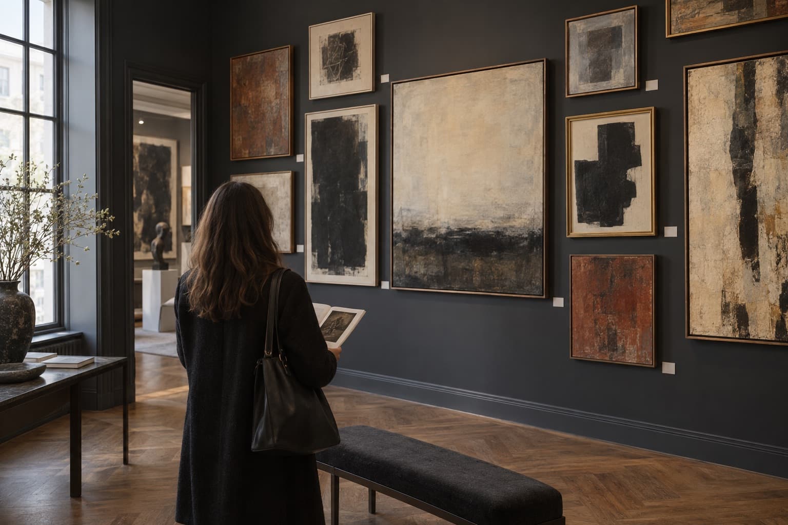 Visitor with a catalogue at an auction preview, seen from behind