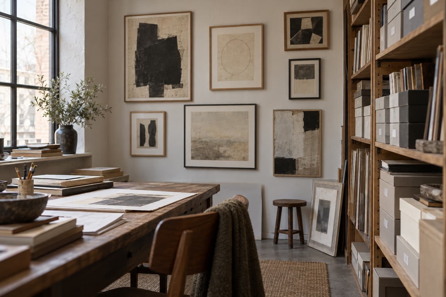 Gallery office with small framed works and archive boxes on shelves
