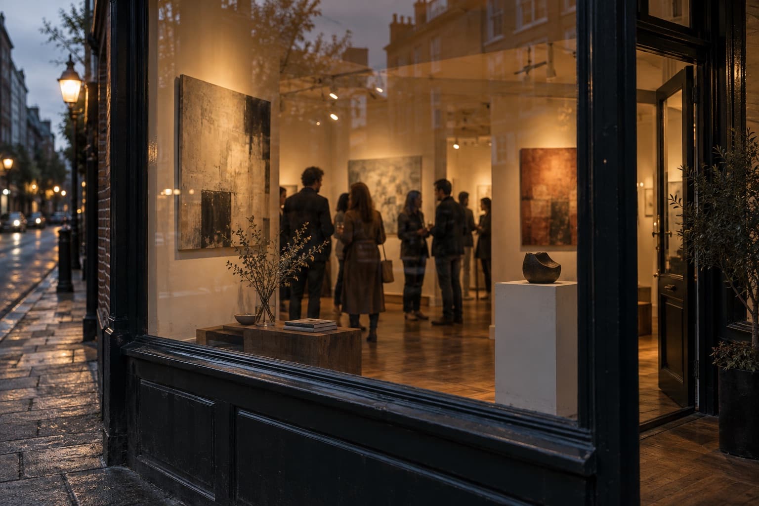 Gallery opening seen through the window from the street
