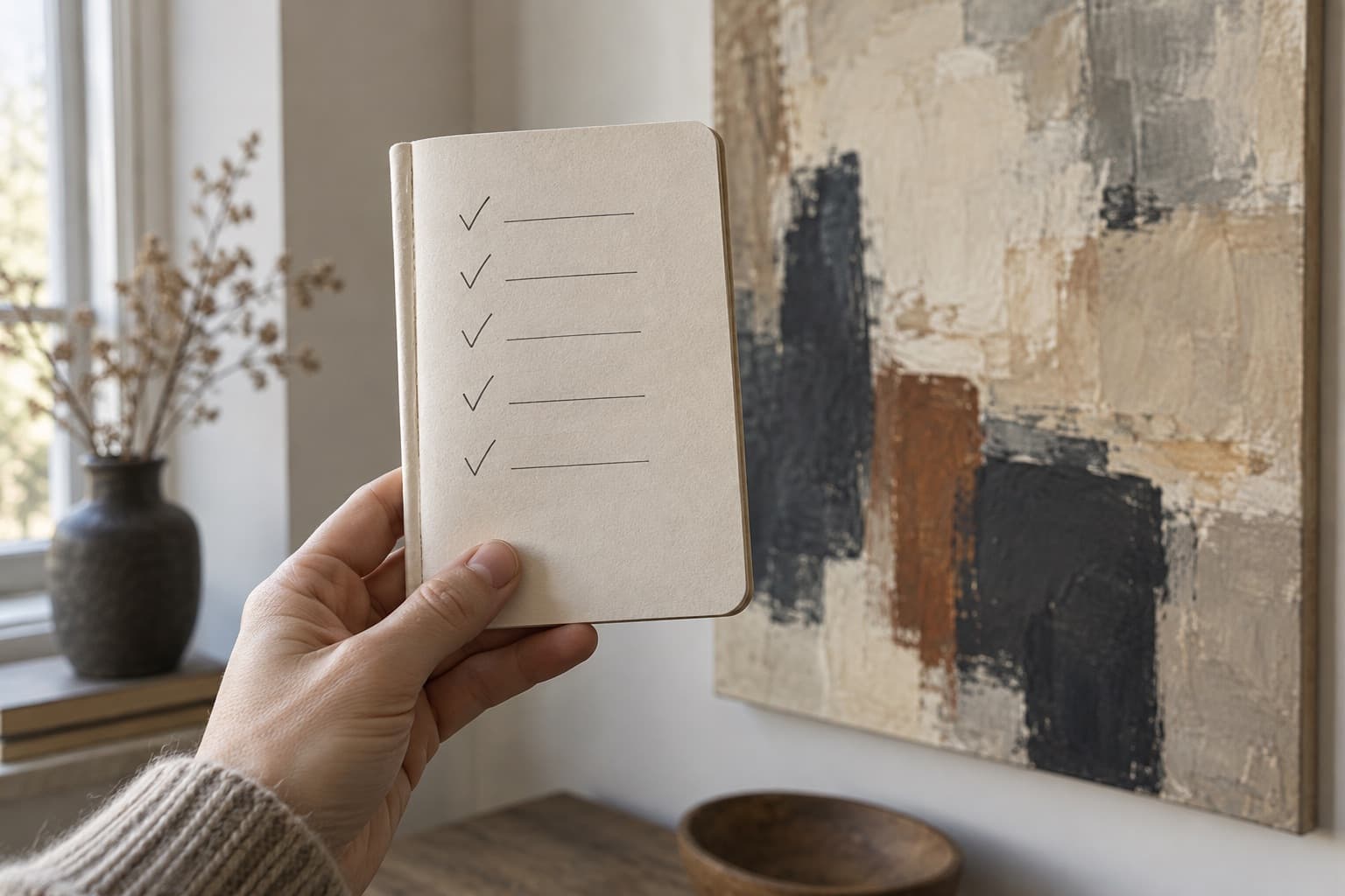 Notebook checklist held in front of an abstract painting