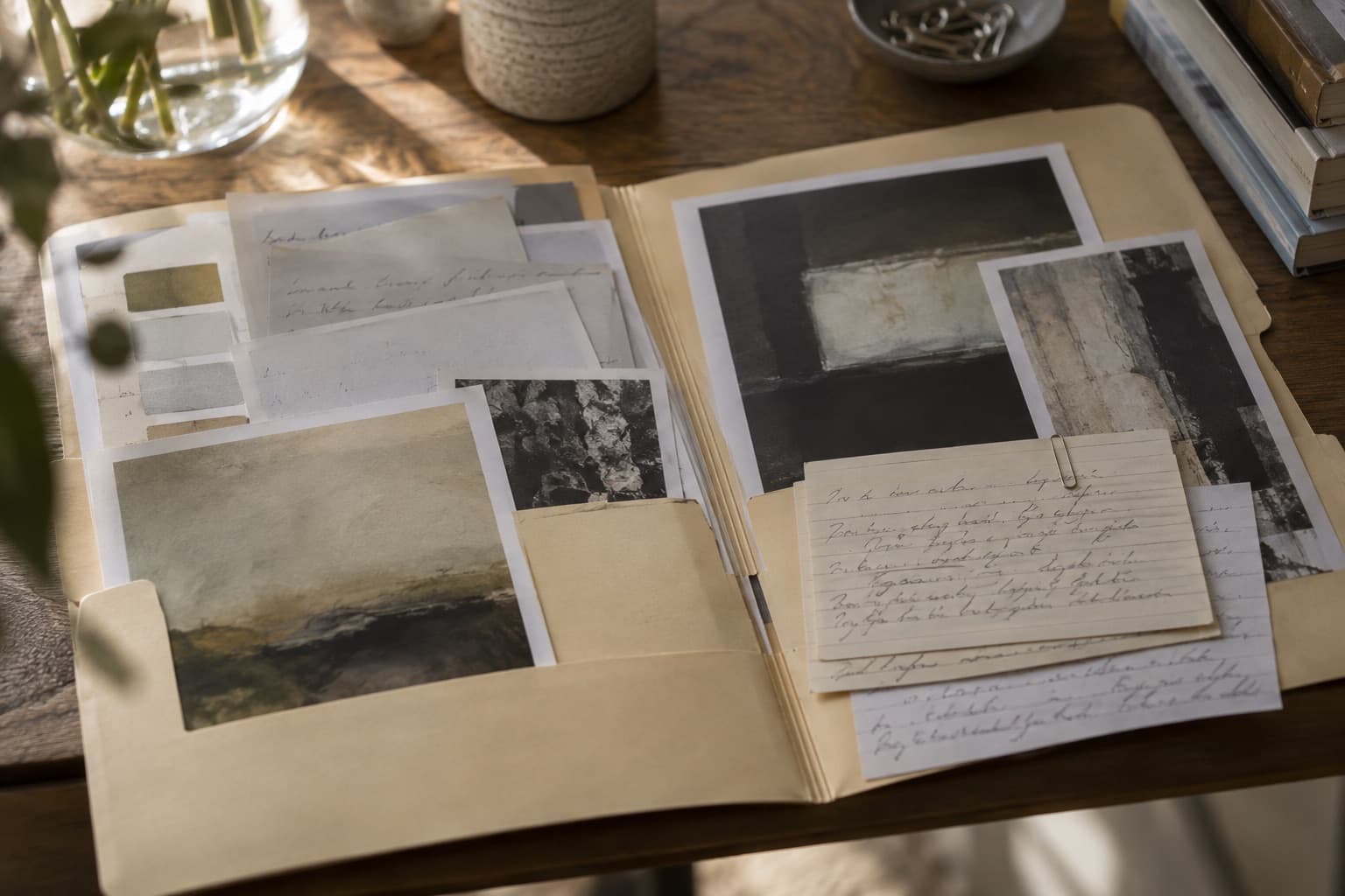 Open research folder with leaflets, thumbnails and index cards