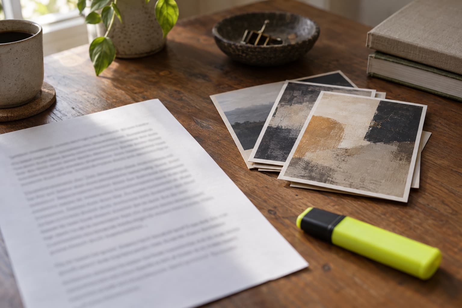 Printed CV with a highlighter beside exhibition invitation cards