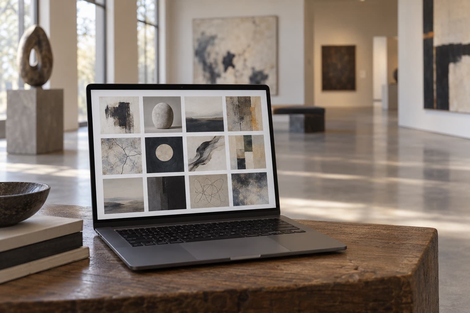 Laptop showing a grid of artwork thumbnails inside a museum