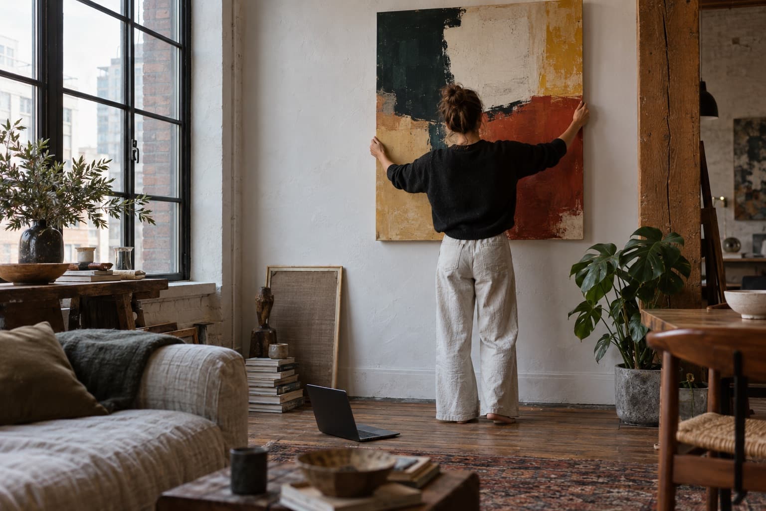 Young collector hanging a bold abstract canvas in a loft, seen from behind