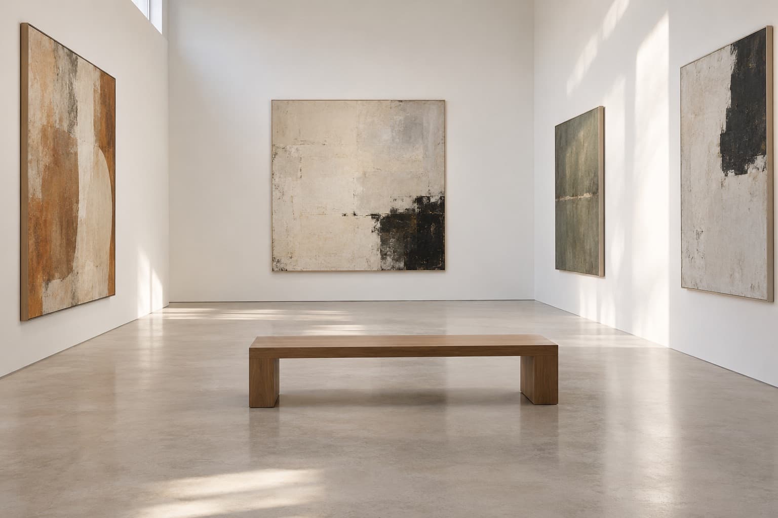Empty white gallery with four abstract paintings and a bench