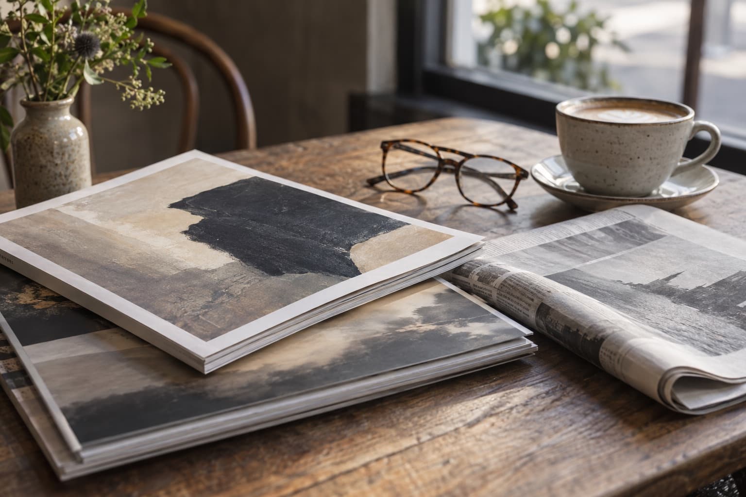 Art magazines and reading glasses on a café table