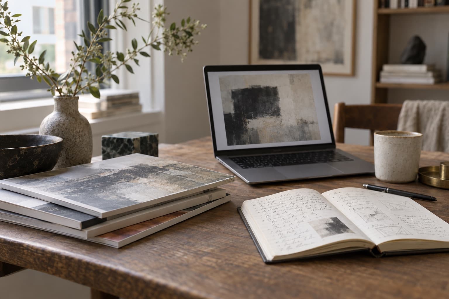 Laptop, small-gallery catalogues and handwritten notes on a desk