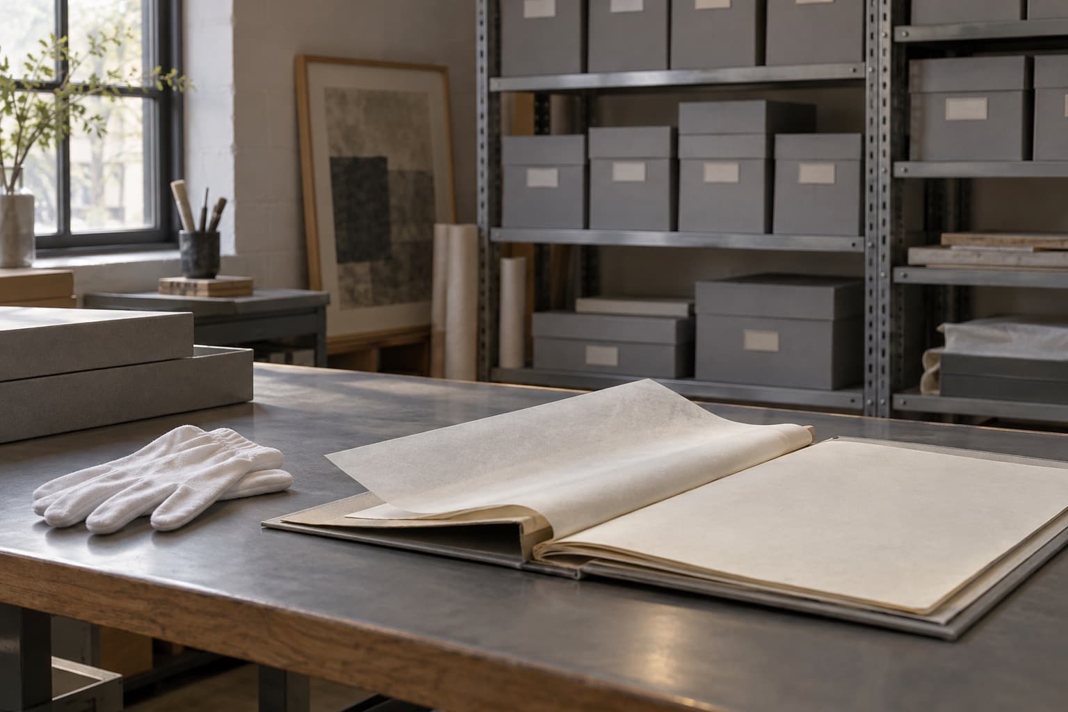 Archive room with document boxes and an open file on the table