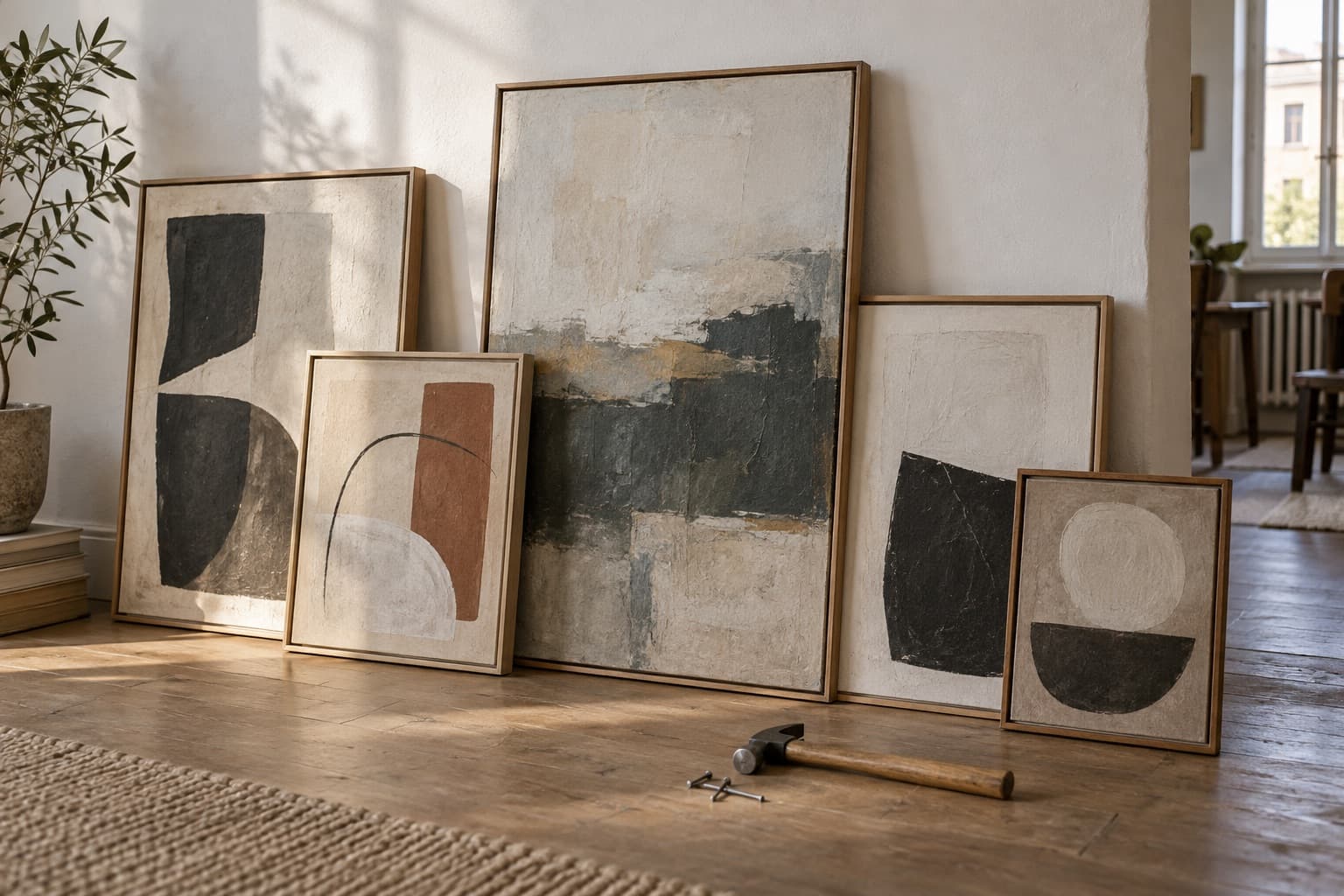 Five framed works leaning against an apartment wall ready to hang