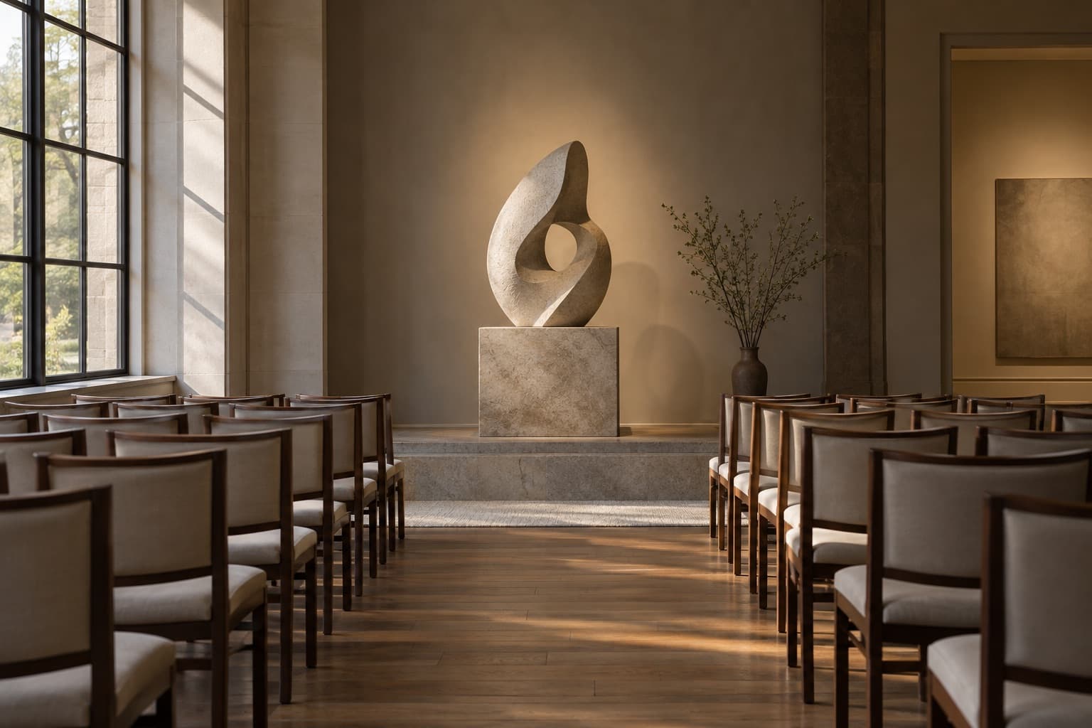 Spotlit sculpture on a plinth before rows of empty chairs