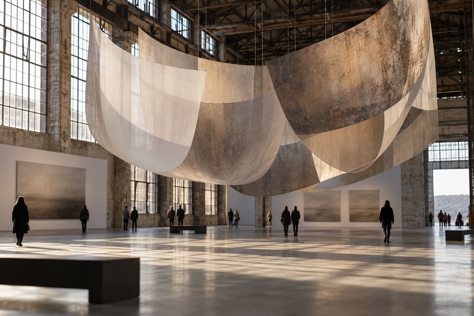 Large installation in an industrial exhibition hall with small figures