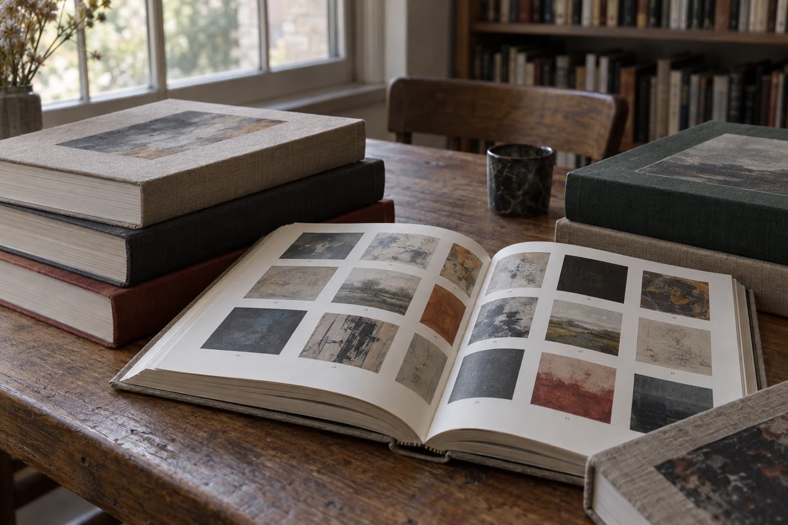 Multi-volume catalogue raisonné open on a library table